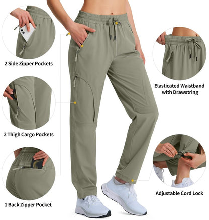 Hugut Women's Hiking Pants Quick Dry Lightweight Cargo Pants UPF 50 Water Resistant Zipper Pockets for Golf Travel Work Camping Grey Sage