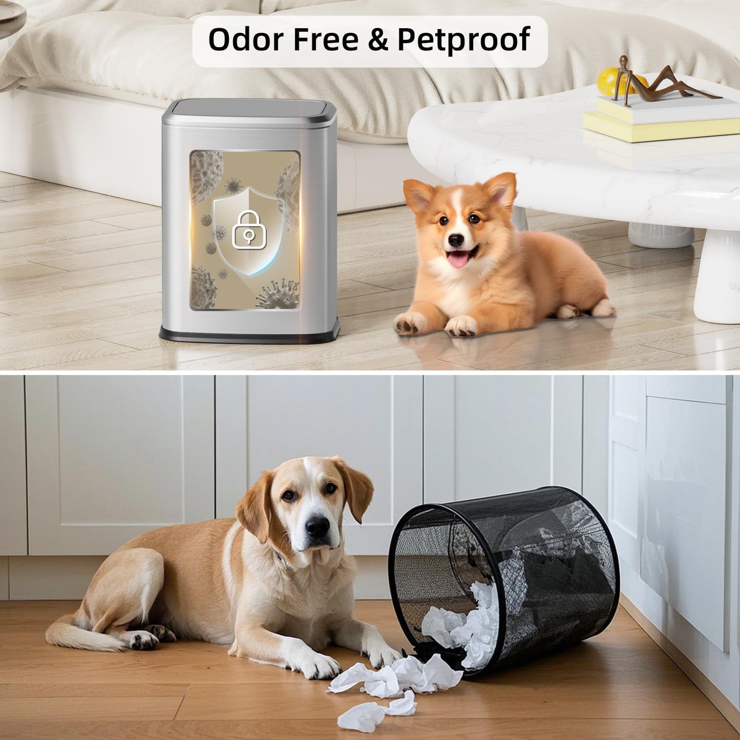 KHMMGK 8L/2.1 Gal Small Bathroom Trash Can with Lid, Swing-Top Rectangular Waste Bin, Stainless Steel Garbage Can for Home, Office, Toilet, Bedroom, Living Room (Silver)