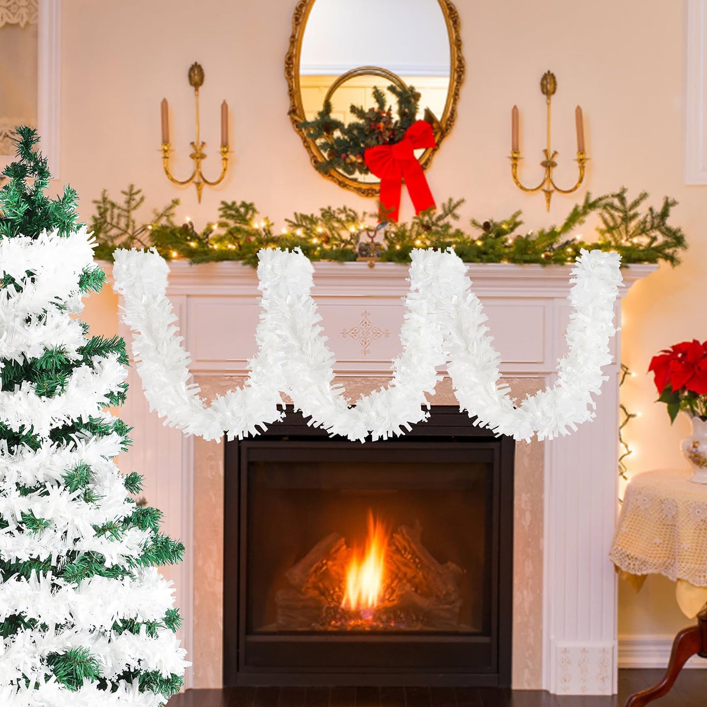 KIMOBER 32.8 Ft Christmas Tinsel Garland,White Metallic Garland with Snowflake for Christmas Tree Xmas Party Decorations