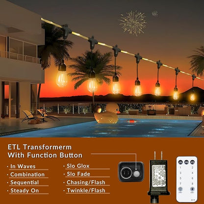 Outdoor String Lights 28.2 FT, Waterproof Dimmable LED Edison Bulbs with Remote, Rope-Style Durable Design, Commercial-Grade Patio Lights, Decorative for Garden,Gazebo,Backyard, Party & Holiday