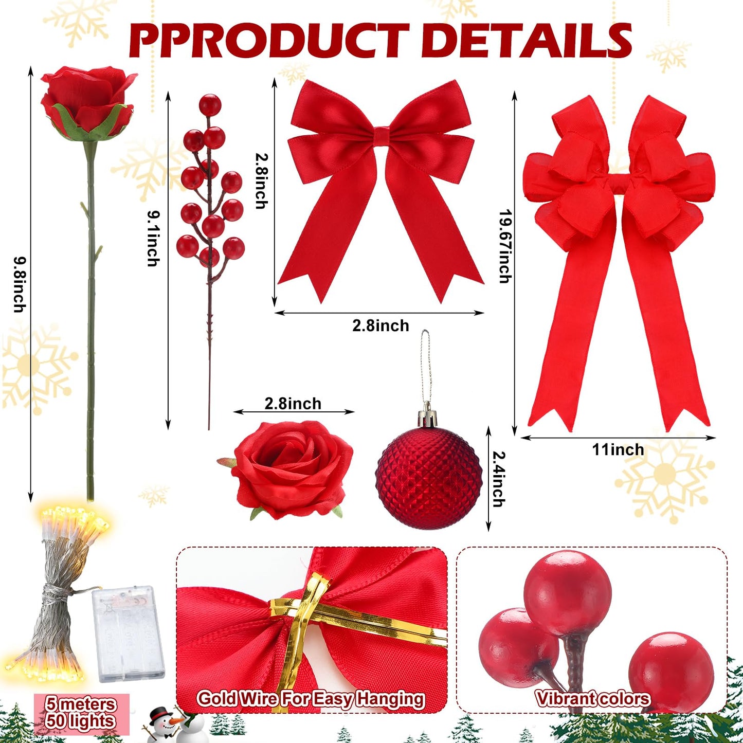 Duraaamo 134 Pcs Rose Christmas Tree Decoration Set Include Faux Red Rose Ornaments Artificial Berries Christmas Balls Ribbon Bows 16.4 ft 50 LED String Lights for Xmas Holiday DIY Crafts (Big)