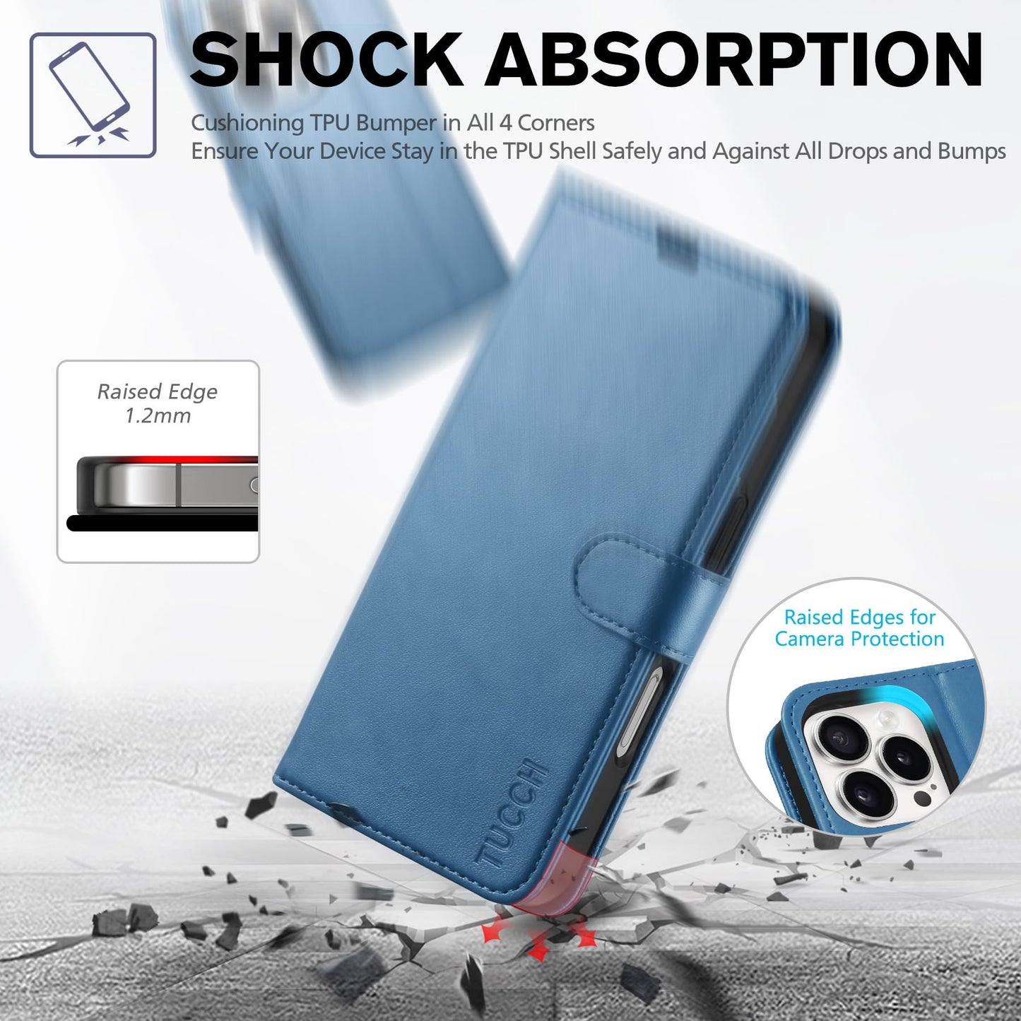 TUCCH Wallet Case for iPhone 16 Pro, Magnetic PU Leather Stand Flip Cover with 4 Card Slots [TPU Shockproof Interior Case] [RFID Blocking] Folio Compatible with iPhone 16 Pro 5G, Light Blue