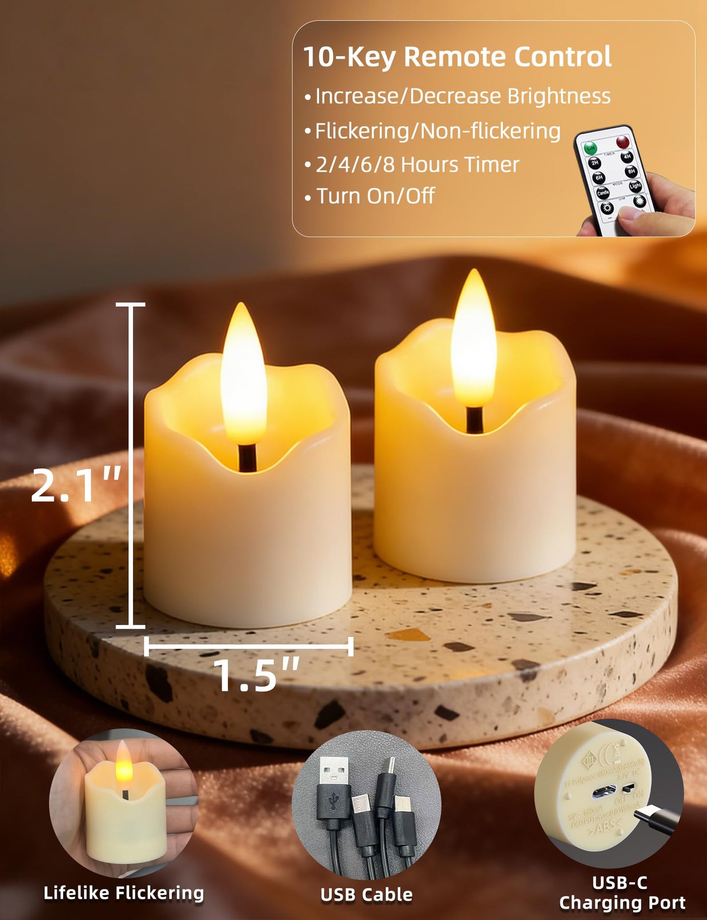 Utwickeln Rechargeable Flameless Tea Lights with Remote Timer, Pack of 6 Ivory White LED Candles (D 1.5'' x H 2.1'') - Long Lasting Battery for Weddings, Summer Soccer Nights, and Home Decor