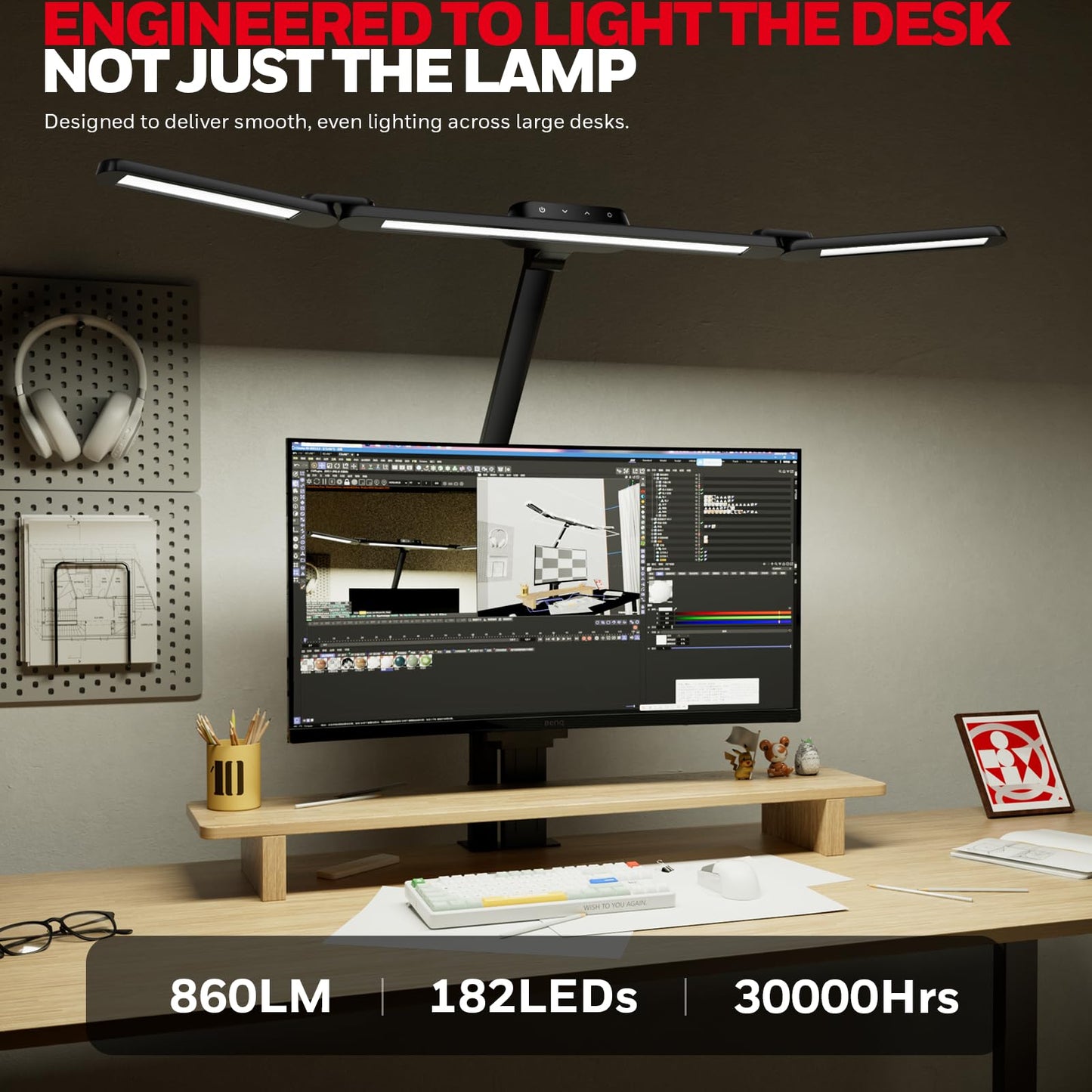 Honeywell Wide Desk Lamp with Clamp for Dual Monitors, 22W Full-Spectrum Eye-Caring LED Desk Lamp for Home Office, 3-Section Adjustable Architect Light for Large Desk, Stepless Dimming, 3000K-5700K