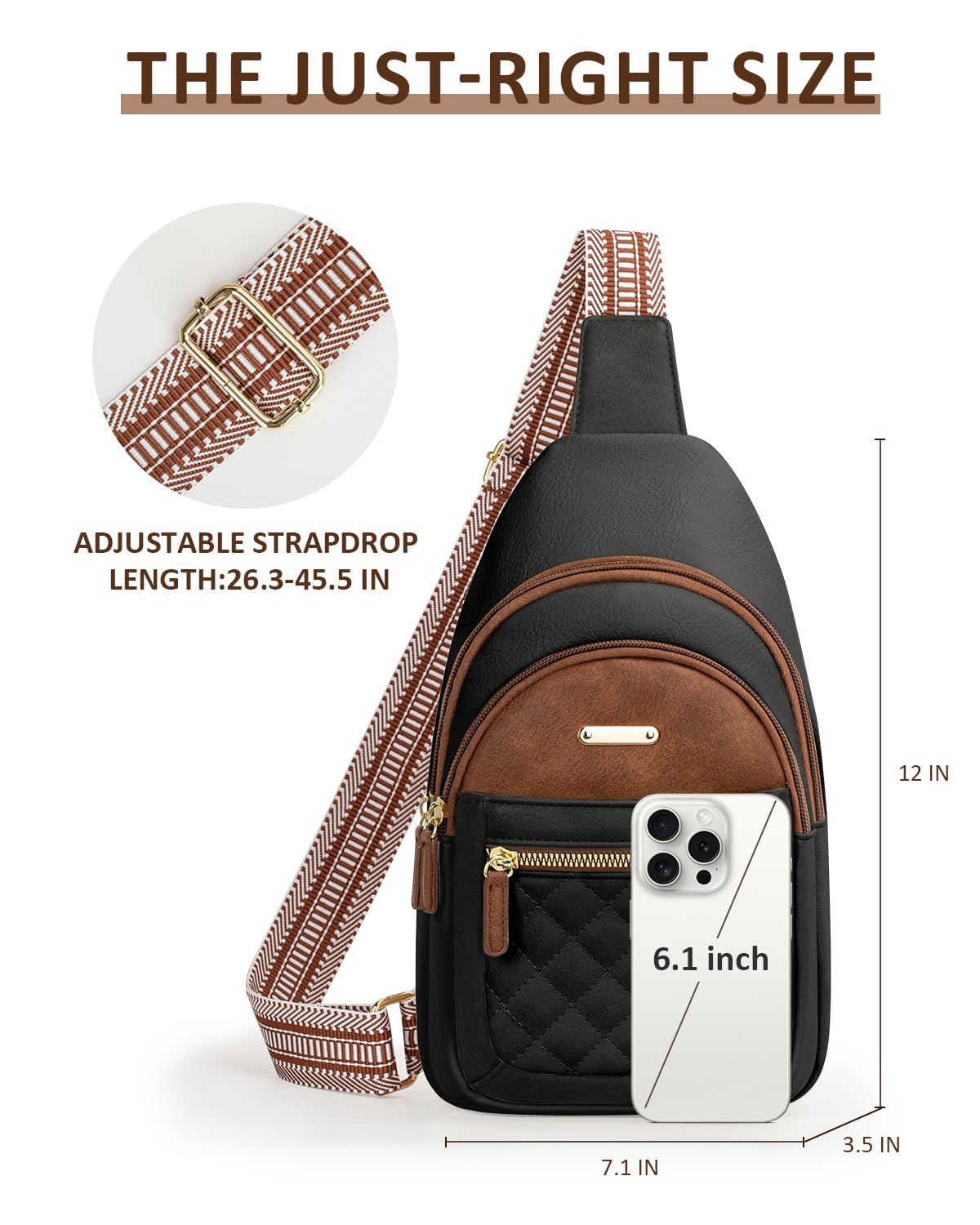 Capolo Crossbody Bag for Women, Adjustable Leather Chest Sling Bag with Multi-Compartment for Daily Use, Travel, Gift, Black With Brown