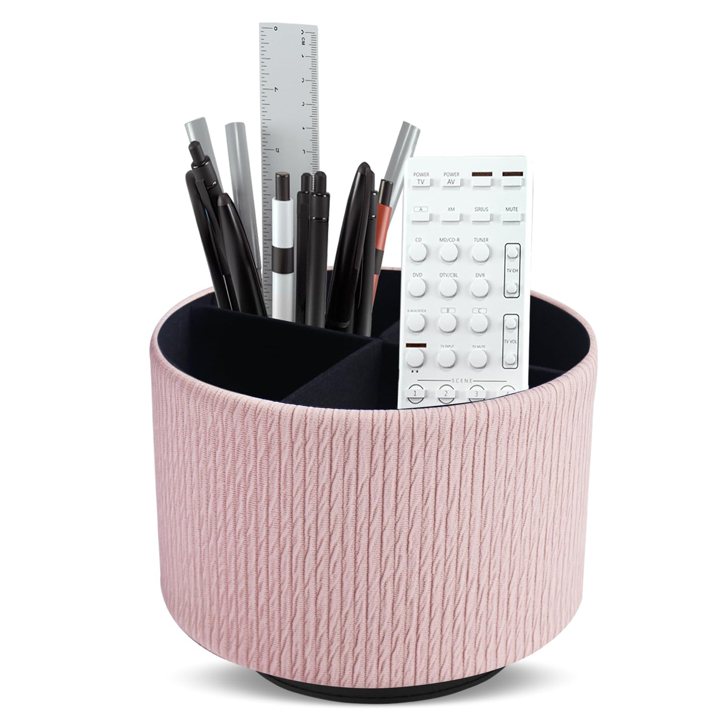Lvkjafaz Round Leather Art Supply Organizer,Remote Control Holder,360 Degree Spinning,Multi-Functional Pencil Holder,4 Compartments Desktop Stationary Organizer(1-Wood Pink2)