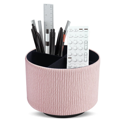 Lvkjafaz Round Leather Art Supply Organizer,Remote Control Holder,360 Degree Spinning,Multi-Functional Pencil Holder,4 Compartments Desktop Stationary Organizer(1-Wood Pink2)