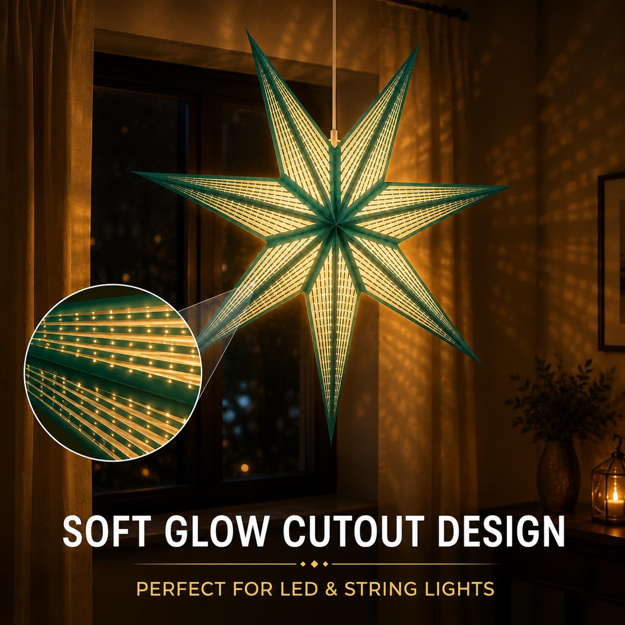 GalaxyArts 7-Point Paper Star Lantern - Striped Cutout Hanging Light Decoration - Foldable Star Lamp Shade for Home, Party, Christmas, Wedding Décor - Indoor/Outdoor Hanging Star(Turquoise)