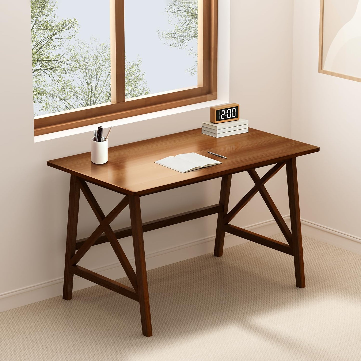 NELYE Modern Solid Wood Desk - 42" Simple Computer Table for Home Office Study Writing Workstation in Walnut, 42" W x 24" D