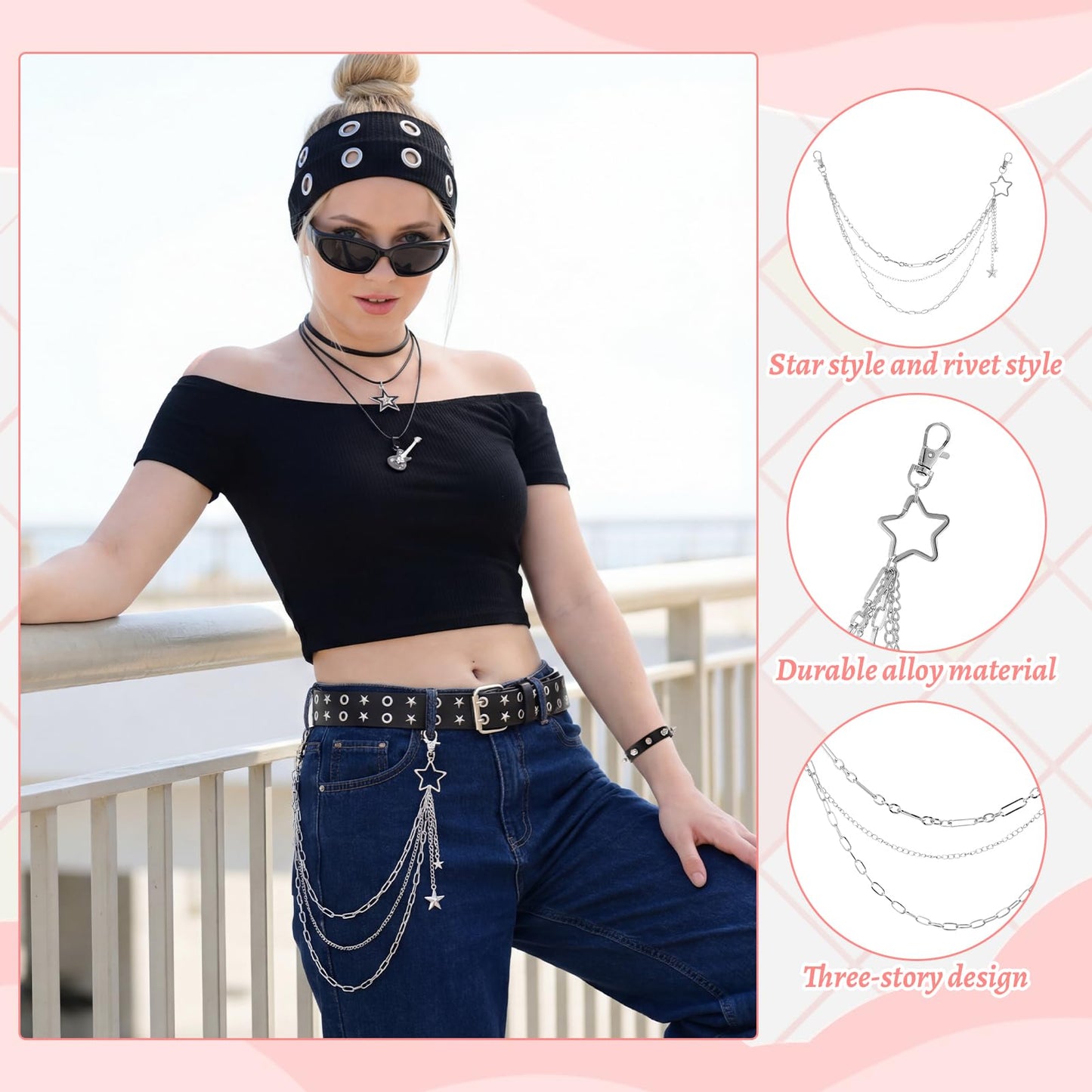 JATEBI 8 Pcs Gothic Punk Rock Accessories for Women, Y2K Accessories Set Black Studded Belt Bracelets Grommet Headband Punk Star Pants Chain Necklaces Earrings Sunglasses for Women