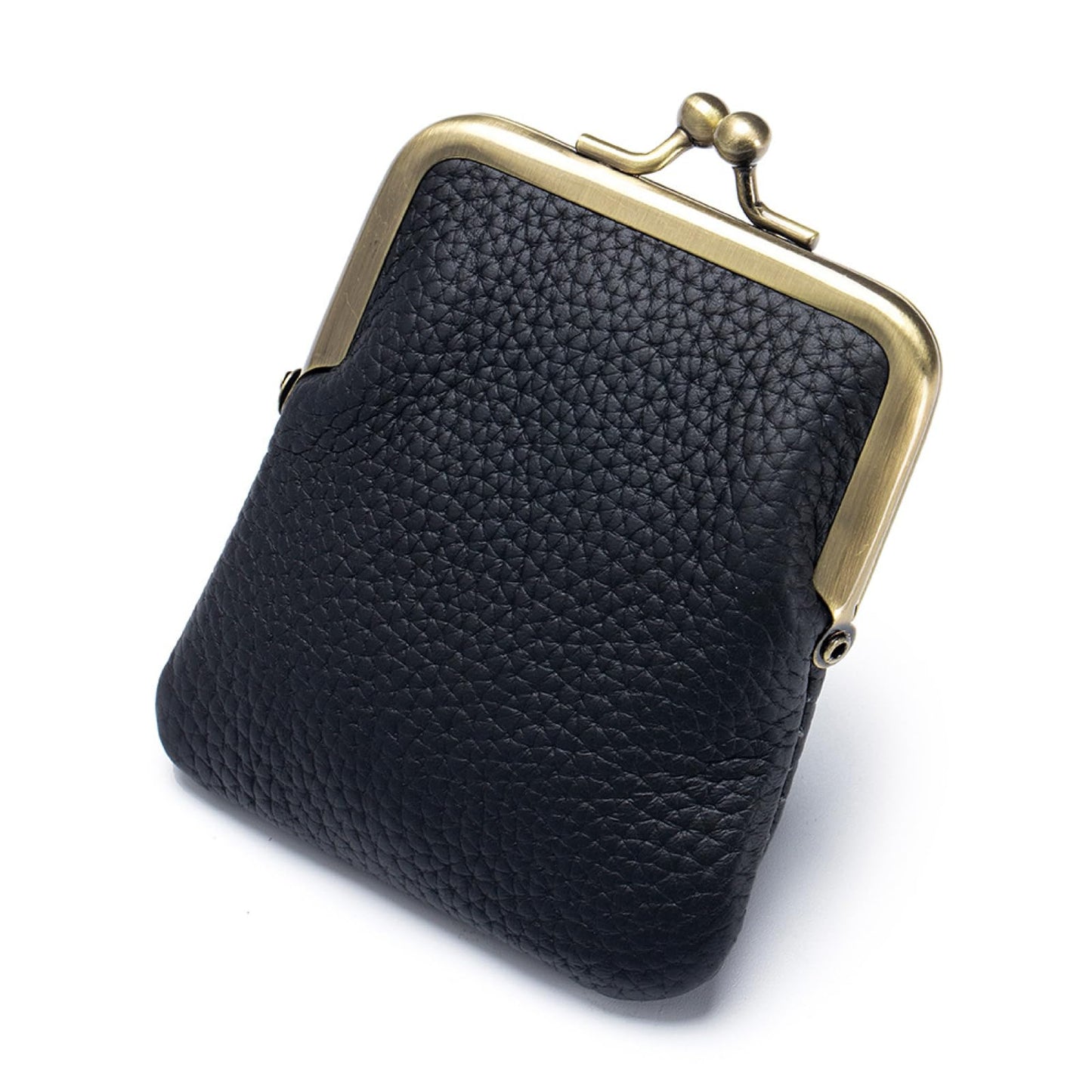 Genuine Leather Kiss Lock Coin Purse, Mini Wallet with Metal Clasp Frame, Small Change Holder, Gift for Women Men, Black