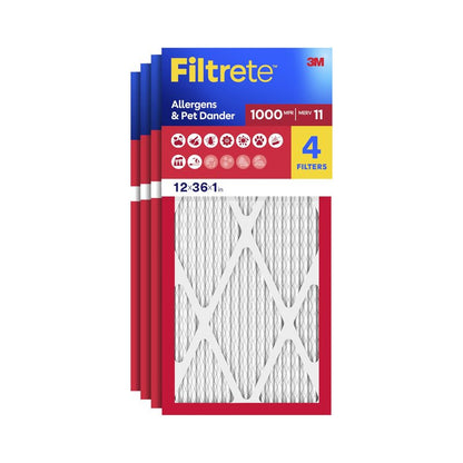 Filtrete 12x36x1 Air Filter, MERV 11, MPR 1000, Allergens & Pet Dander, 3-Month AC and Furnace Filters, Cleaner Air, Reliable Airflow, 4 HVAC Filters (Actual Size 11.68 x 35.68 x 0.81 in)