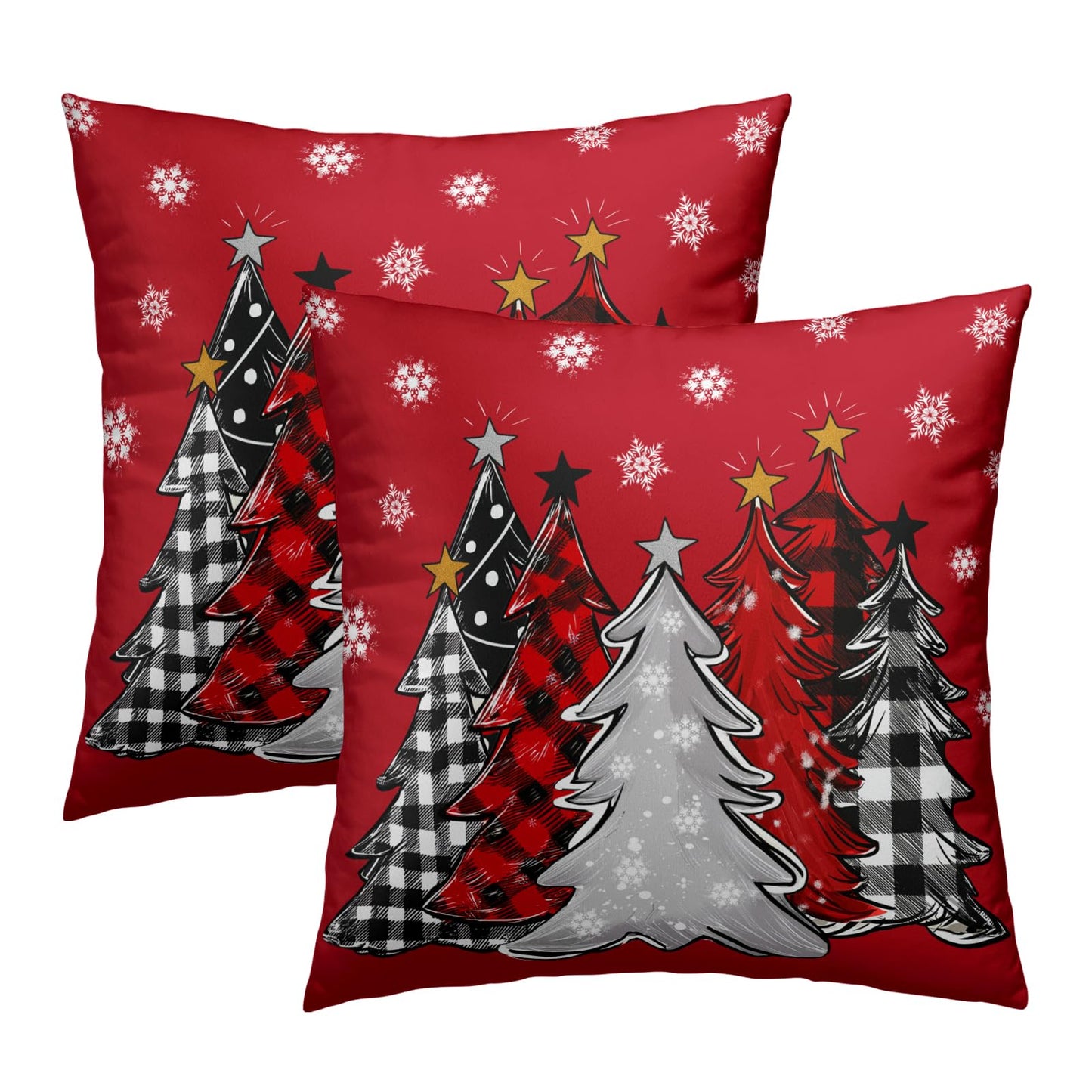 Christmas Pillow Cover 16x16 Inch Merry Christmas Tree Red Throw Pillow Cover Set of 2 Winter Snowflake Decorative Pillow Cases Farmhouse Xmas Holiday Checked Cushion Case for Sofa Home Decor