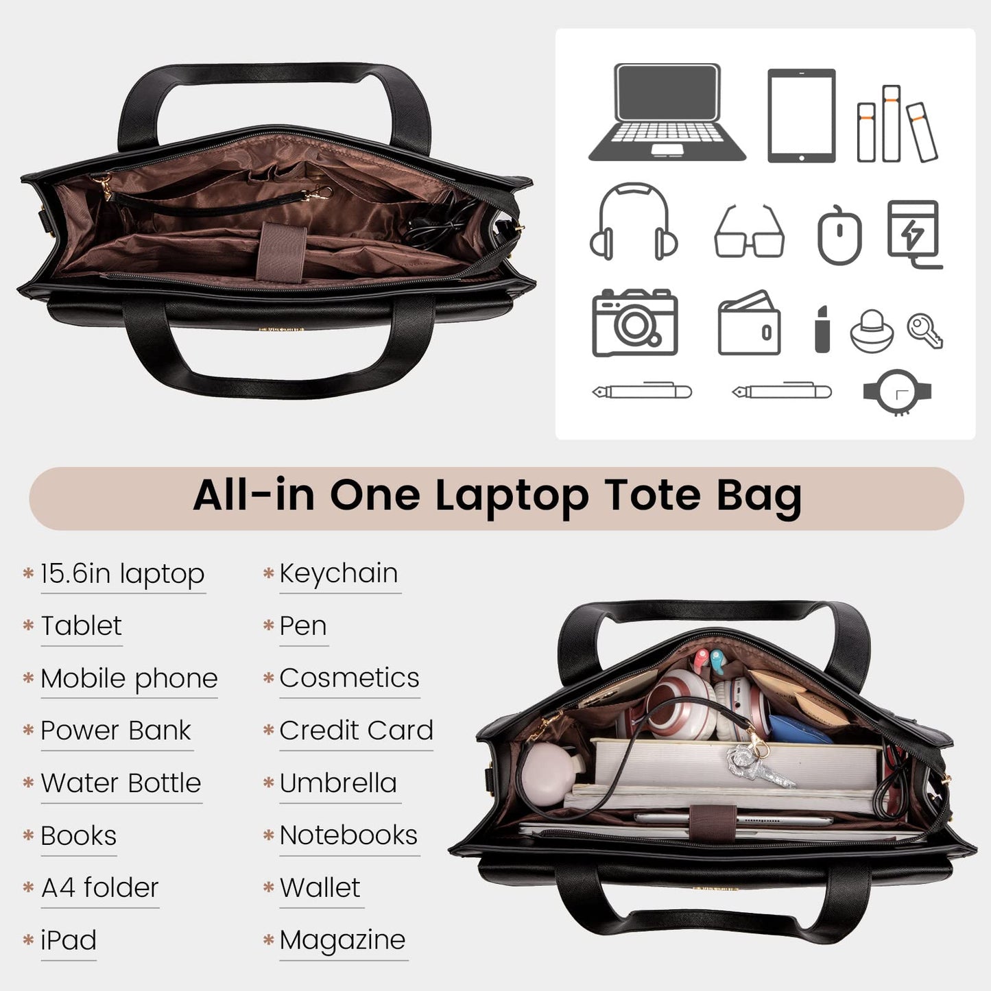 LOVEVOOK Laptop Tote for Women - 15.6 Inch Professional PU Leather Computer Briefcase, Waterproof Handbag, Large Capacity Business Teacher Office Bag, Crossbody Purse - Black