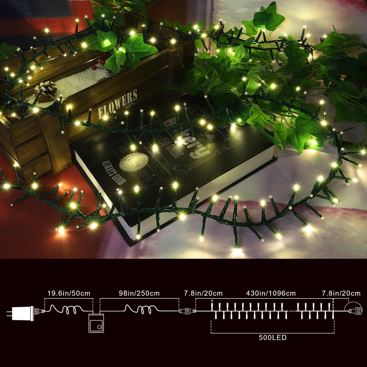 LAMPHOME 500 LED String Lights - Outdoor, 46ft, 500LED, Warm White, Plug-in Twinkle Fairy Lights with 11 Modes, Bedroom, Christmas