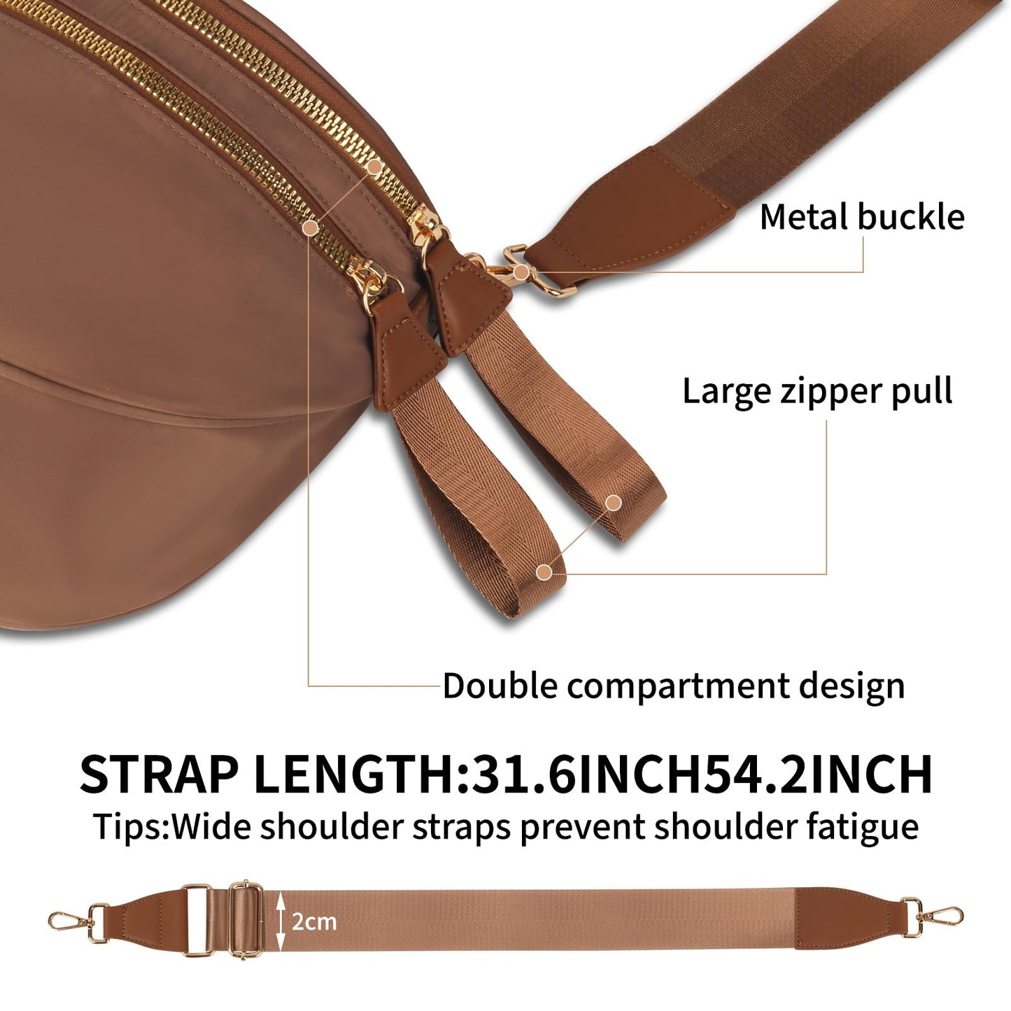 Crossbody Bags for Women Cross Body Purse Bum Bag Large Fanny Waist Pack with Adjustable Strap Caramel Brown