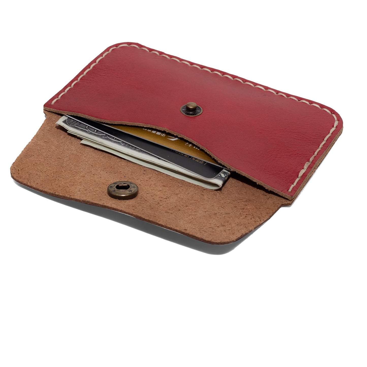Handcrafted Premium Grey Leather Card Holder Wallet - Slim Design with Secure Closure (red)