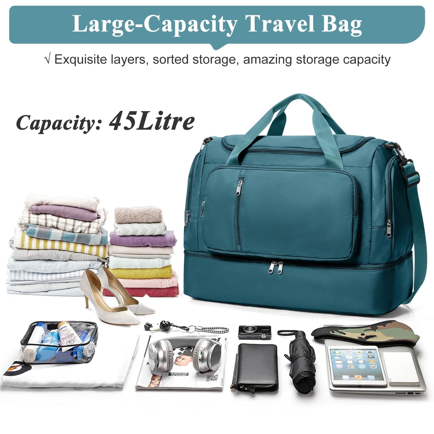 Travel Duffle Bag, Weekender Bags for Women,Carry On Overnight Personal Item Travel Bag with Shoes Compartment,Peacock Blue