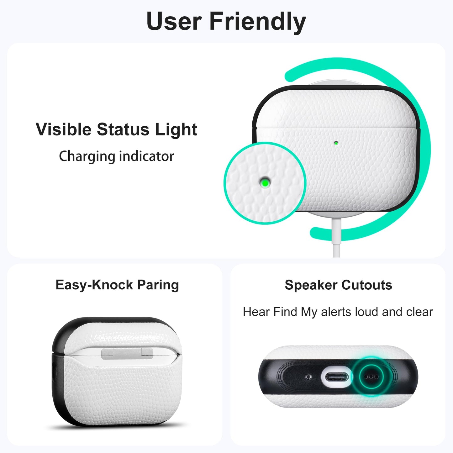 RIXENY Leather Case for AirPods Pro 3 (3rd Gen 2025), Adjustable Lanyard, Vegan Lizard Texture Leather, Hard Shell, Scratch/Shock Proof, Wireless Charging, for Fashion & Luxury Lovers, White