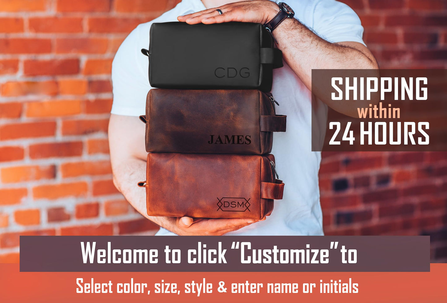 100% Genuine Leather Toiletry Bag Engraved Name or Initials – Crafted in USA – Personalized Travel Bag for Men – Customized Birthday, Anniversary, Father & Groomsmen Gift – Mens Waterproof Dopp Kit