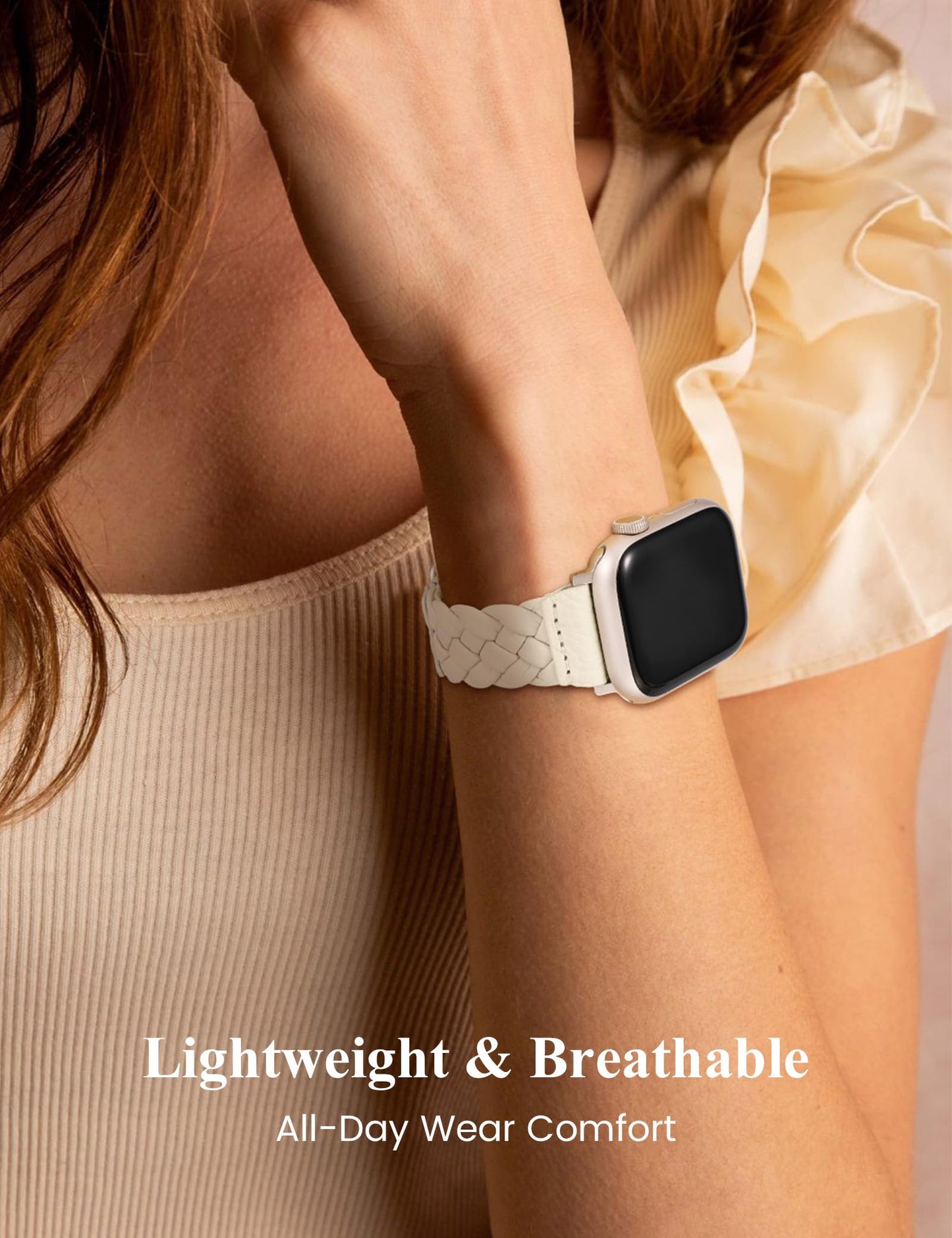 TOYOUTHS Braided Leather Strap Compatible with Apple Watch Band Women 38/40/41/42mm Soft Thin Leather Cute Dressy Designer Handwoven Bracelet for iWatch Series 11 10 9 8 7 6 5 4 SE 3 2 1, Starlight