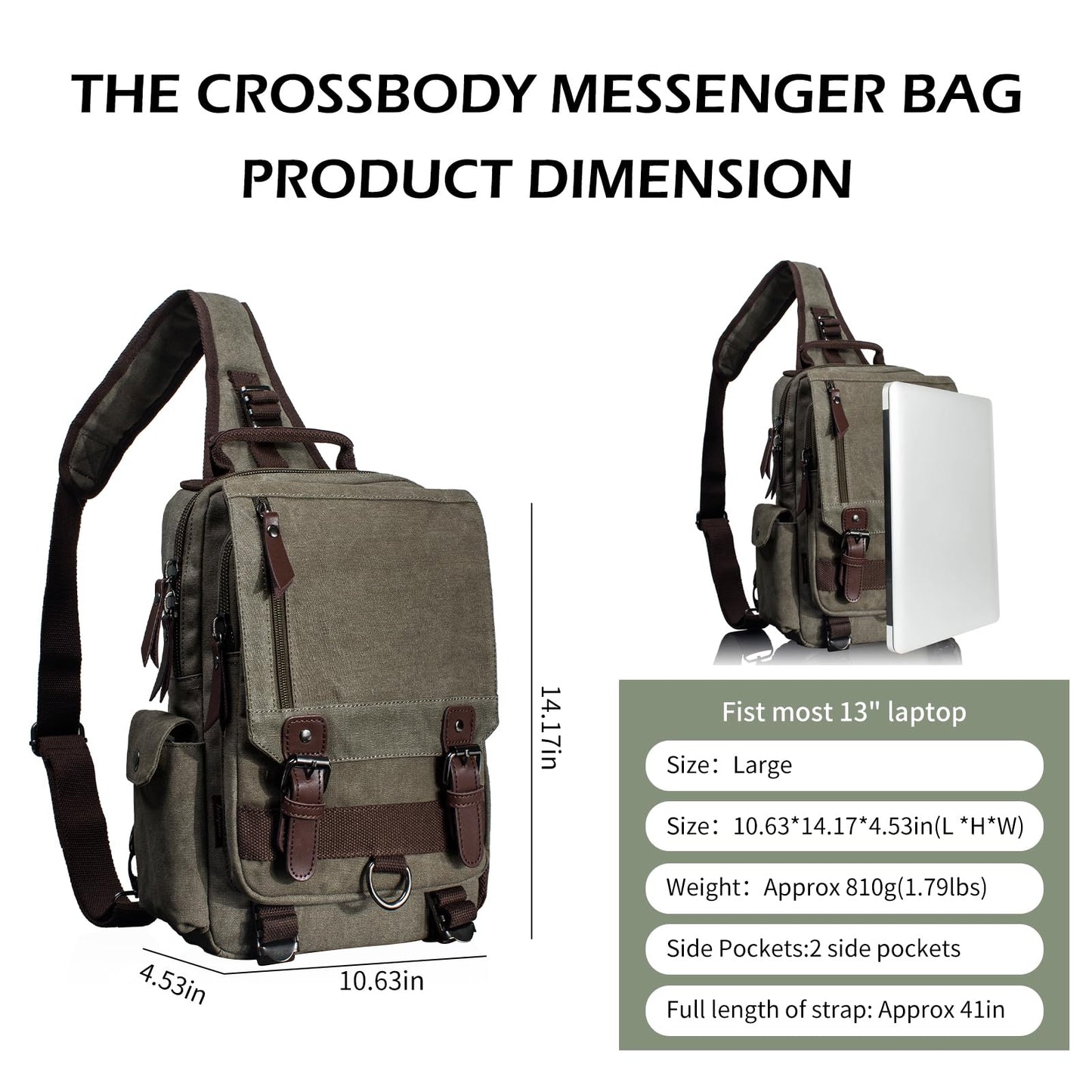 Leaper Retro Crossbody Bag Sling Bag Canvas Messenger Bag for Men Women Shoulder Bag Crossbody Handbags Satchel Army Green, L