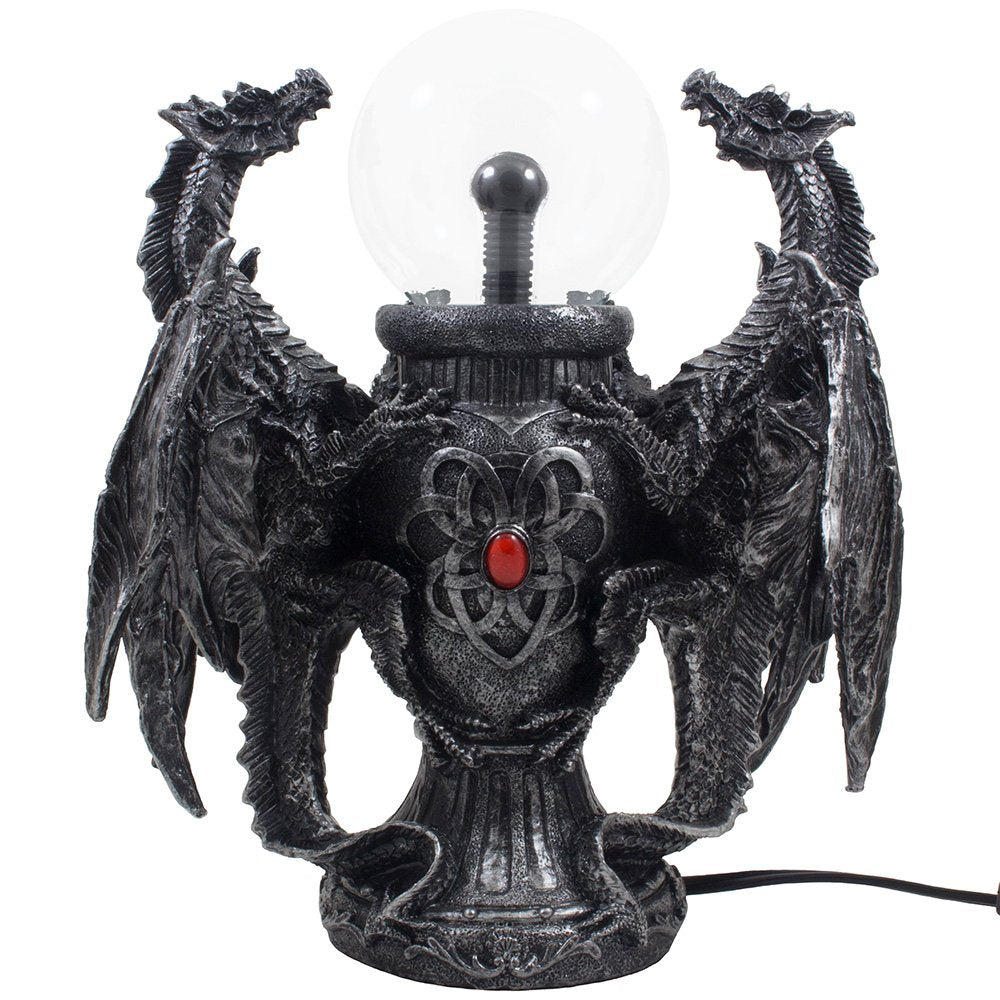 Mythical Guardian Dragon Duo Watching Crystal Ball Table Lamp and Metallic Look Vase Statue for Medieval Home Decor Globe Lights As Enchanting Renaissance Gifts