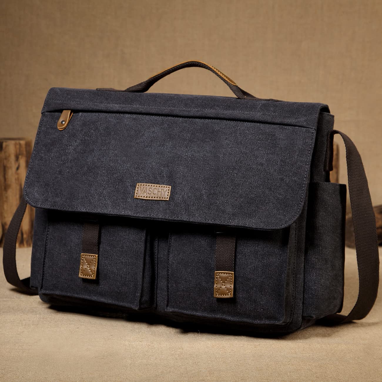 Messenger Bag for Men, VASCHY Vintage Water Resistant Waxed Canvas Satchel 15.6 inch Laptop Briefcase Shoulder Bag with Padded Shoulder Strap Gray