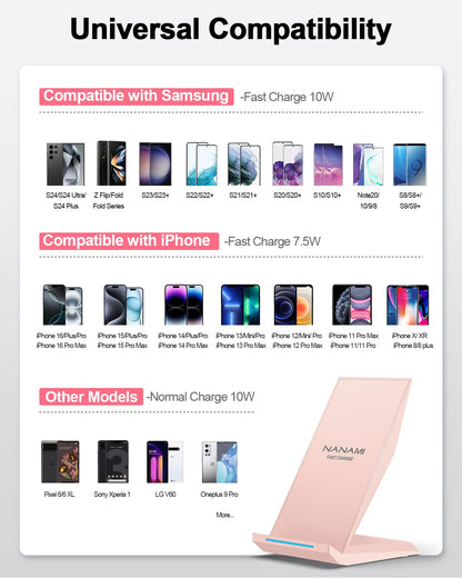 Fast Wireless Charger, NANAMI 15W Qi Certified Wireless Charging Stand Compatible iPhone 17/17 Air/16/15/15 Pro/15 Plus/15 Pro Max/14/13/12, for Samsung Galaxy S25/S24/S23/S22/S21 and Qi-Enabled Phone