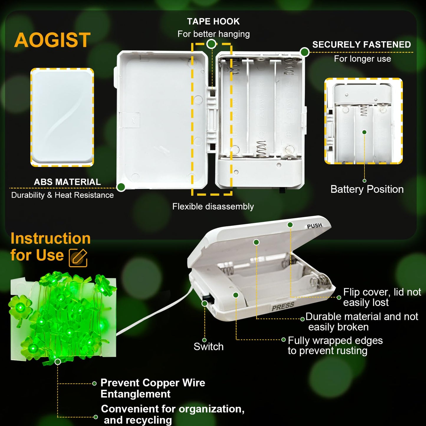 Aogist Super Bright 50LED Shamrock String Lights - 16ft St Patrick's Day 3D Clover Fairy Lights Battery Operated for Indoor/Outdoor Irish Party, Wedding, Holiday Green Decor - 2 Pack