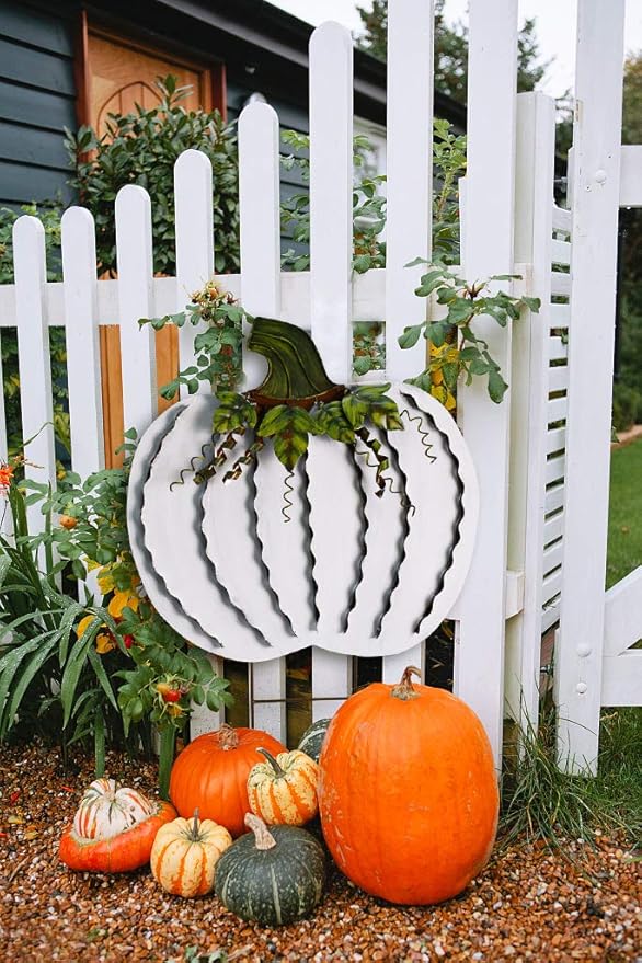 Metal Pumpkin Stakes Yard Signs Fall Decor Decorative Garden Stake Lawn Pumpkins Ornaments Outdoor Autumn Decoration for Harvest Halloween Thanksgiving (17.5" H+26" H White)