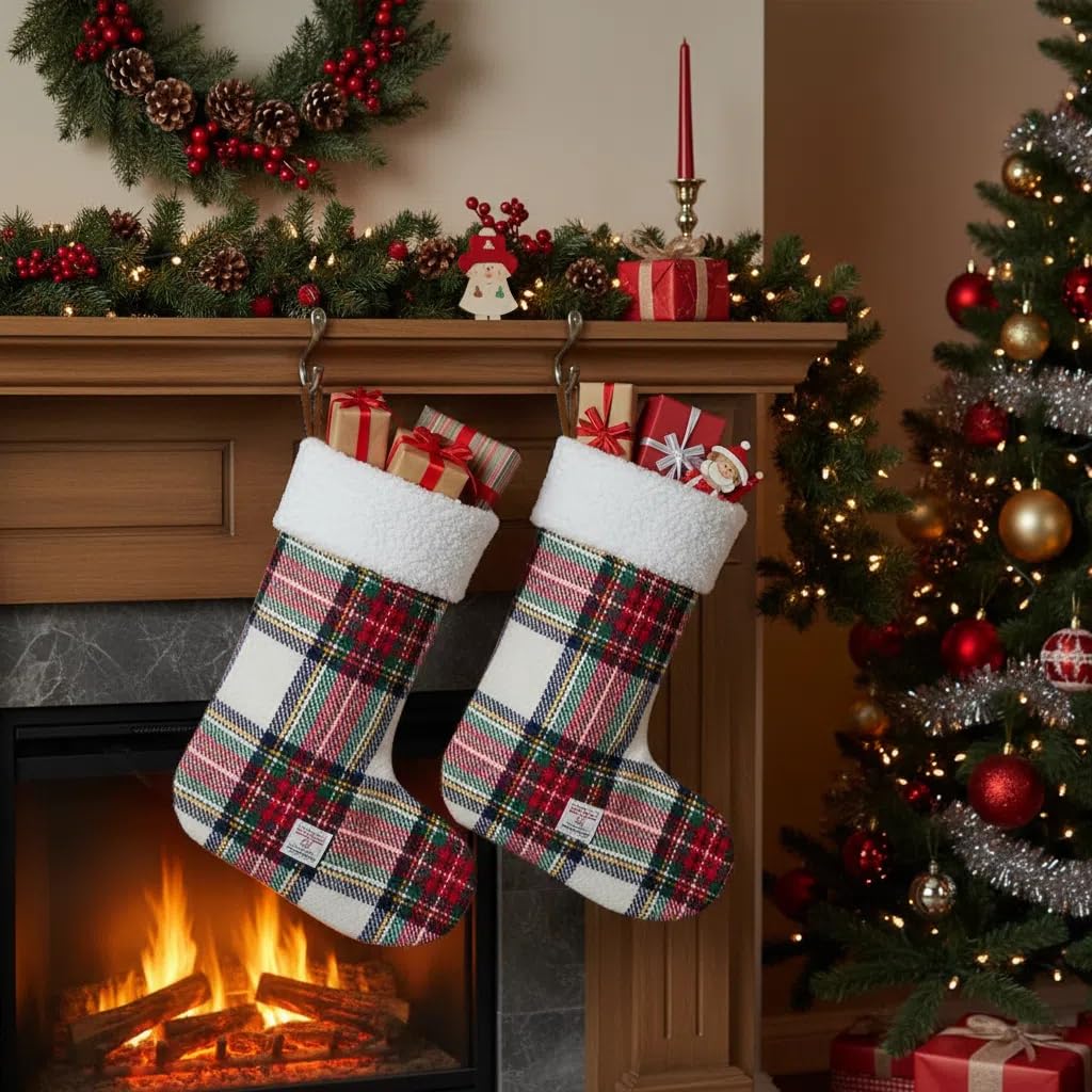 TAILORMAP Harris Tweed Wool Christmas Stocking 12 Inch, Fireplace Hanging Decoration for Holiday Party Filler (No.899)