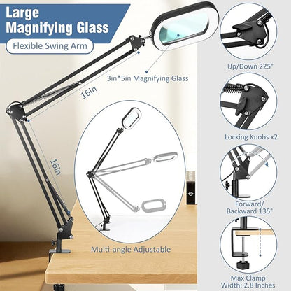 10X Rectangle Magnifying Glass with Light and Clamp, 2*16 Inch Large Swivel Arm LED Desk Lamp, 5 Color Modes Brightness Steepless Dimming, Hands Free Lighted Magnifier Stand for Craft Reading Painting