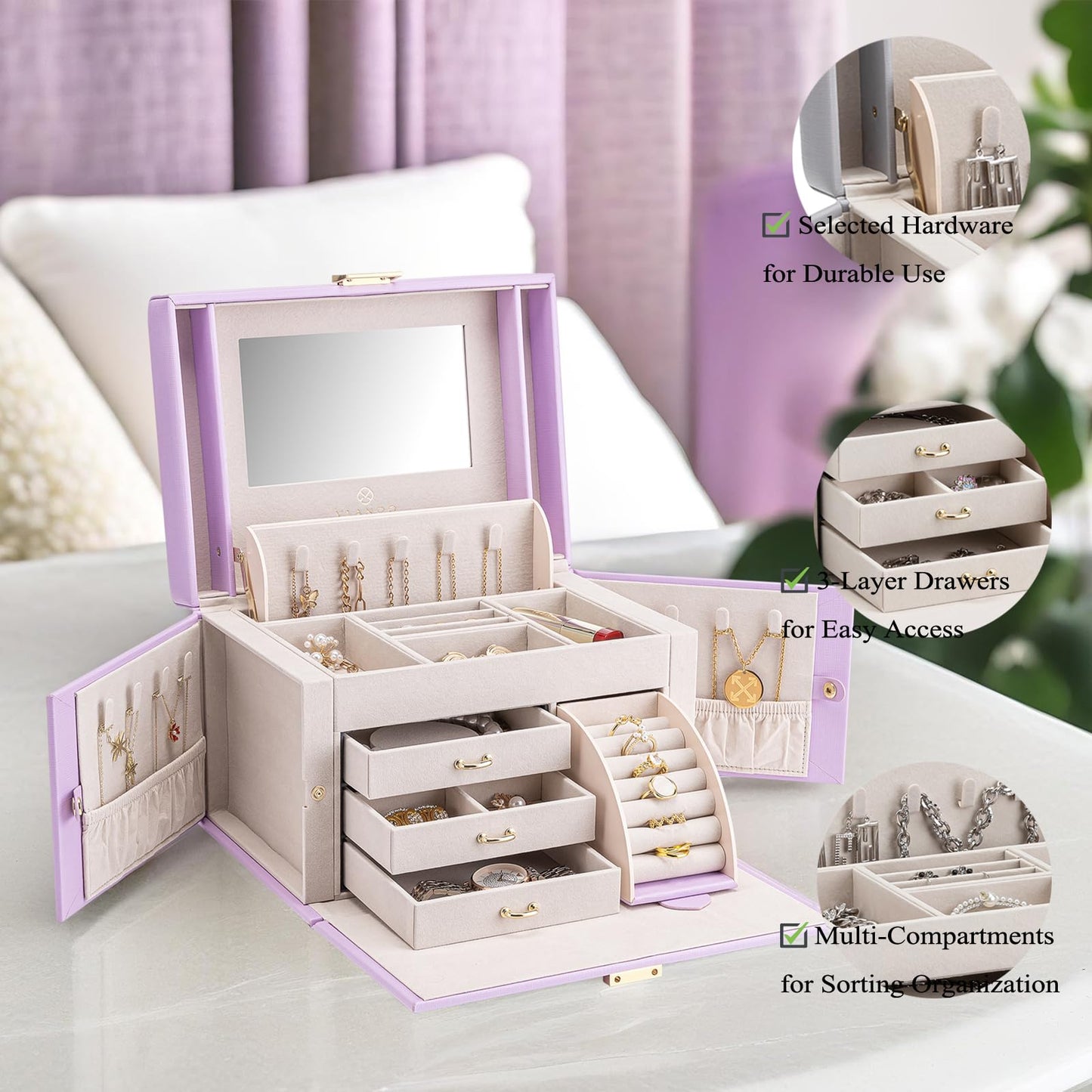 Vlando Mirrored Jewelry Box Organizer, Leather Jewelry Storage Case, Necklaces Earrings Rings Brackets Box Holder, Purple