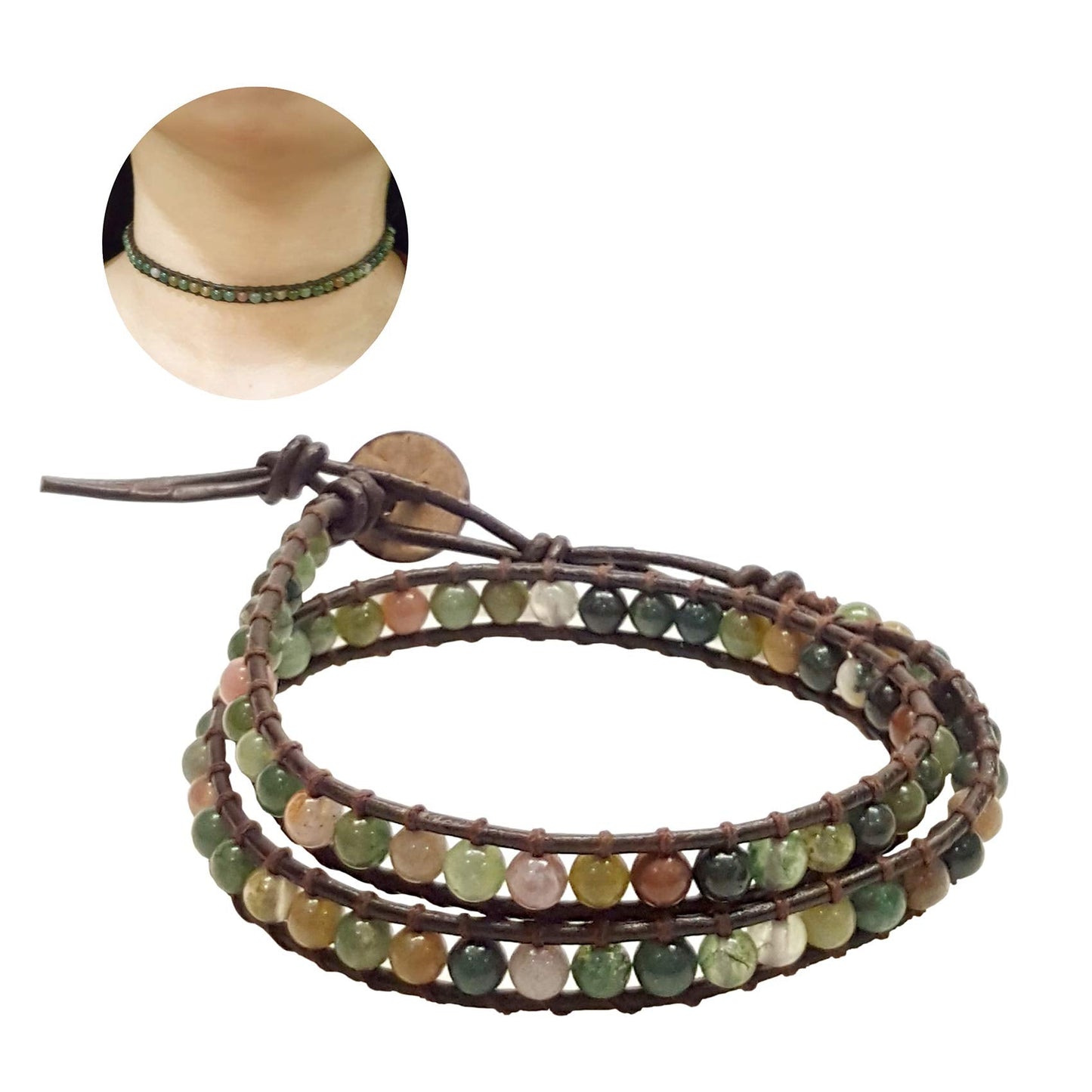 Infinityee888 Jasper 2 Wrap Bracelets and Choker woven Leather Necklace 2 in 1, Men Bracelet, Women Bracelet.