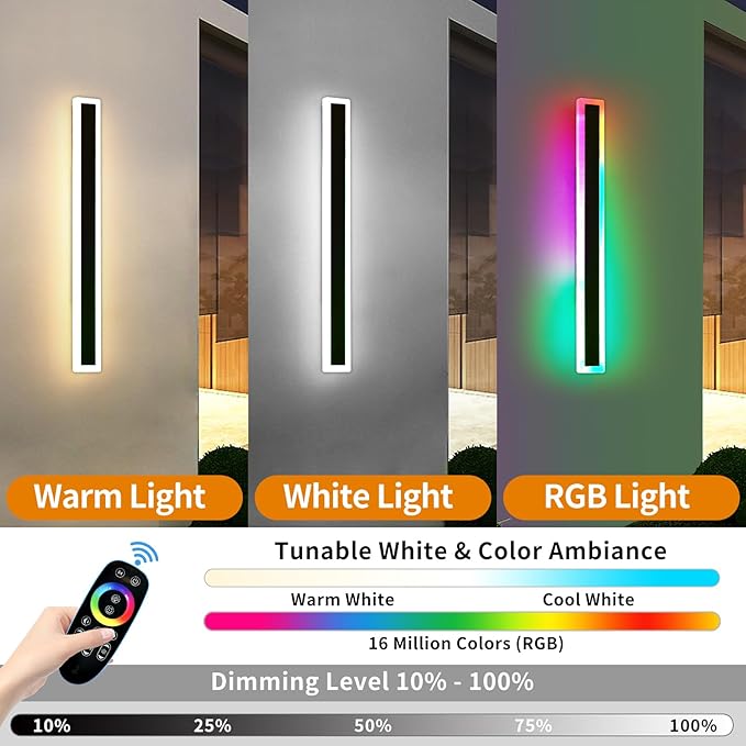 Mikeru 2pack 57inch Outdoor Wall Light Fixtures, RGB Long Exterior Wall Light 10%-100% Dimmable Smart Outdoor Light Fixtures Wall Mount Featuring Multiple Modes and 12 Colors for Patio Entryway