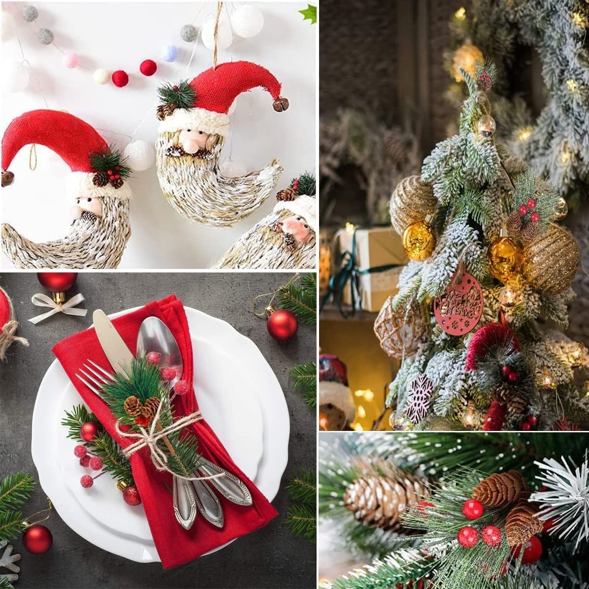 Ayuanb 20 Pcs Artificial Pine Picks, Christmas Cone Picks Red Berry Stems, Green Pine Needles Evergreen Branches for Christmas Floral Arrangement Wreath Crafts Holiday Xmas Tree Decorations
