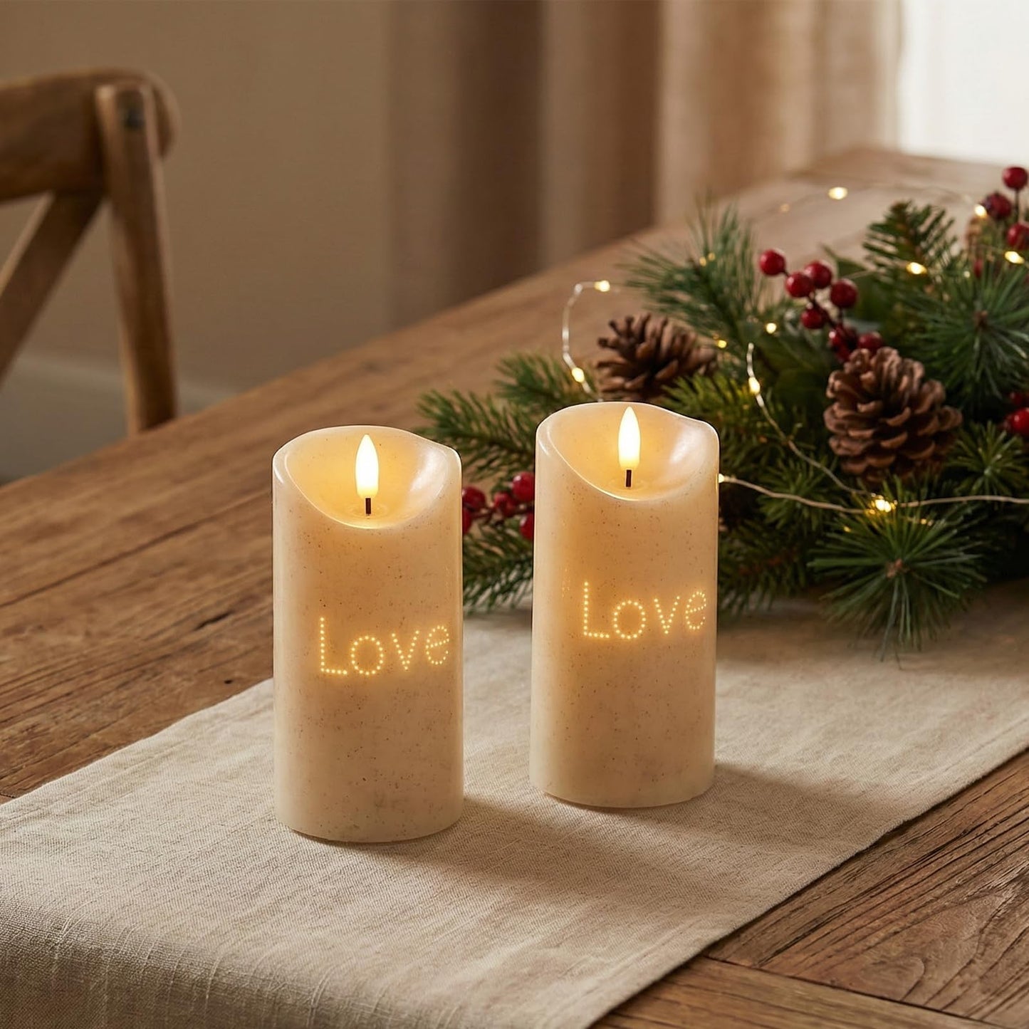 BAIRAYEN Love Flameless Candles 2-Pack, Fiber Optic Fake Candles with Timer, Warm White Battery Operated LED Lights 6" Tall for Wedding, Valentine, Anniversary, Christmas Table Decor