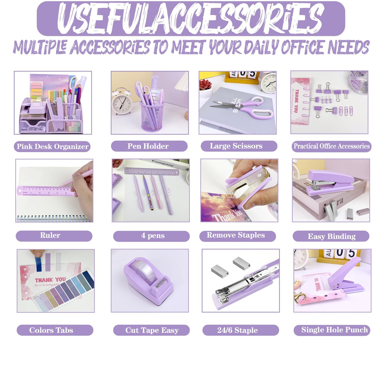 Purple Desk Accessories, 17Pcs Purple Office Supplies Set with Stapler, Mesh Desk Organizer, Tape Dispenser, Staple Remover, Pen Holder, Clips, Pens, Ruler, for Office Home School Women Students Gift