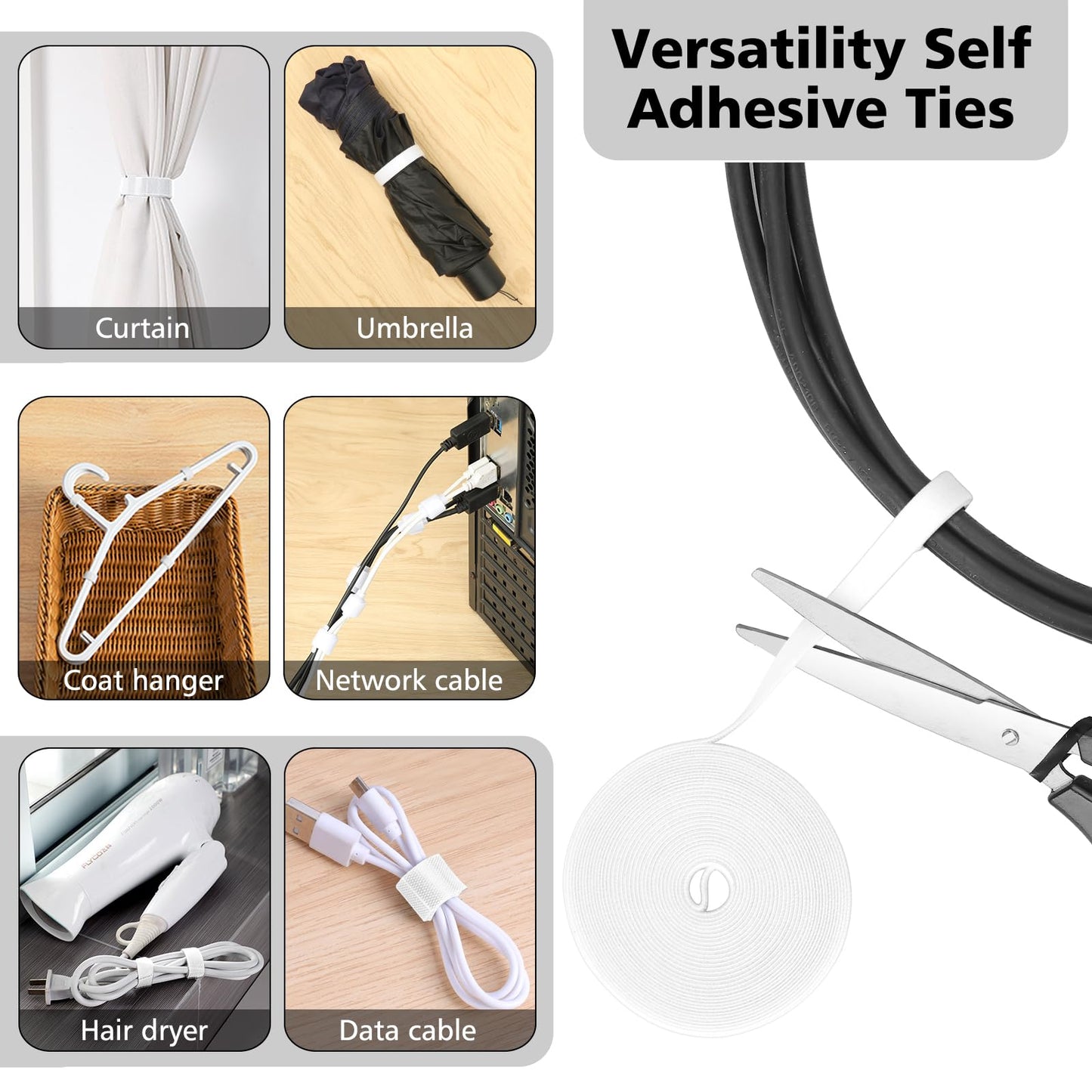 CHZHLI White Cable Management Organizer Kit, 2 Wire Sleeve Protector, 41 Self Adhesive Cable Clips Holder, 10pcs+2 Roll Reusable Cable Ties and 100 Cable Zip Ties for TV Computer Cord Tidy Under Desk