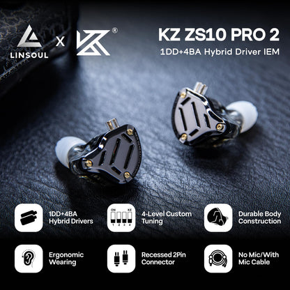 Linsoul KZ ZS10 PRO 2 In Ear Monitor IEM, 1DD+4BA Hybrid Wired Earbuds, with 4-Level Tuning Switch, 3-Way Crossover Gaming Earbuds, Silver-plated IEM Cable for Musician Audiophile (Black, Without Mic)