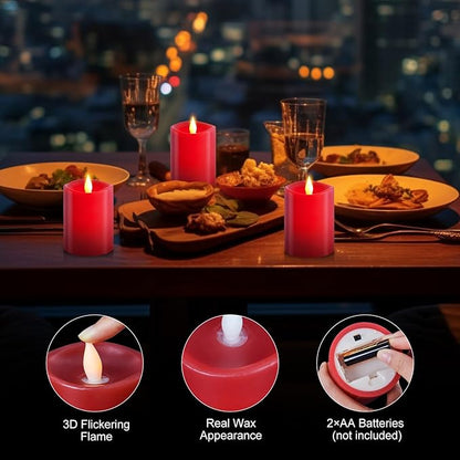 3x4 Flickering Flameless Candles Set of 3,Real Wax Pillar led Candles Flickering,4 inch Flameless Candles with Remote,for Party Wedding Holiday Home Decor,Red