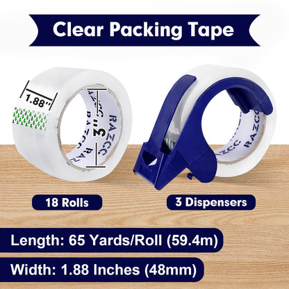 RAZCC Packing Tape, 18 Rolls Clear Heavy Duty Packaging Tape with Dispensers for Packing, Shipping, Moving and Mailing, Thicker Sealing Tape-1.88" x 65 Yards Per Roll, 1170 Total Yards