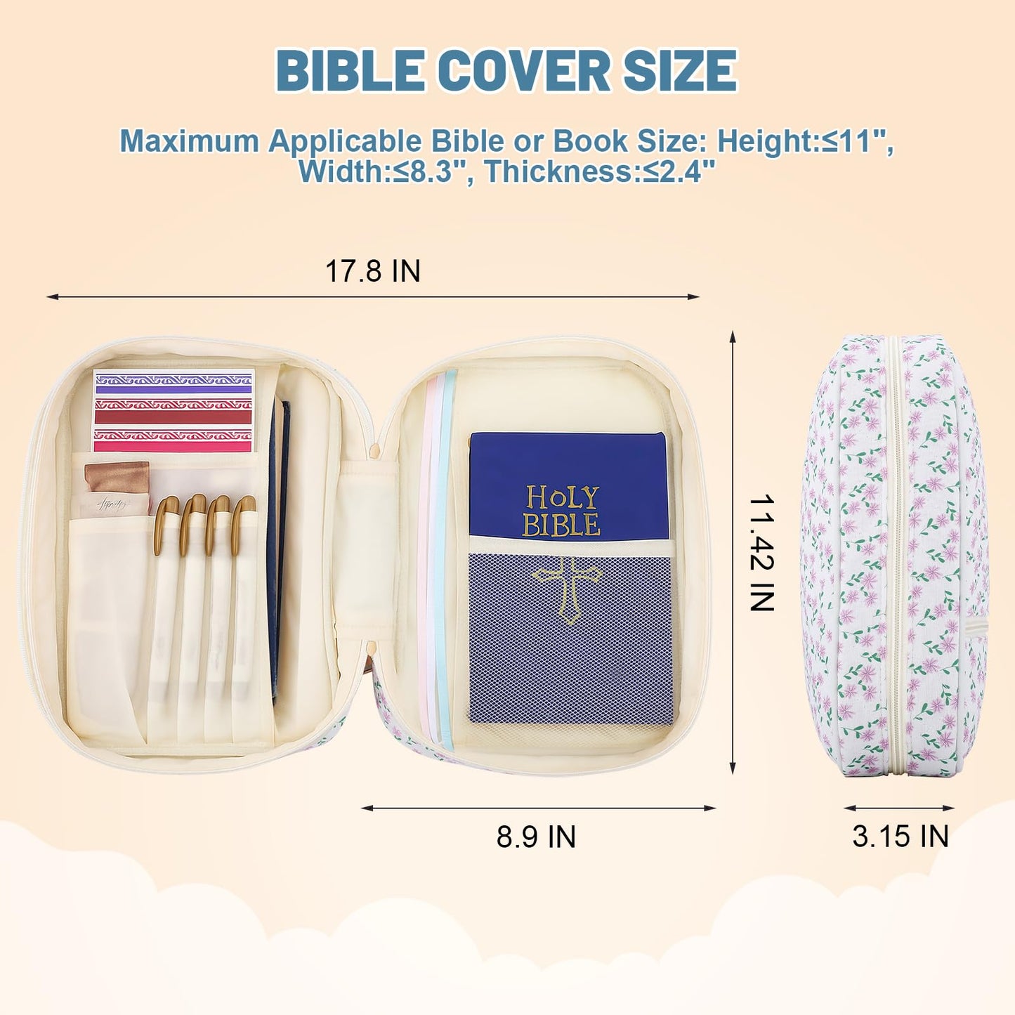 Dntorx Quilted Bible Cover Case for Women with Handle, Bible Bag with Zippered Pocket, Pink Floral Bible Case for Girls, Bible Study Supplies Kit, Large Size
