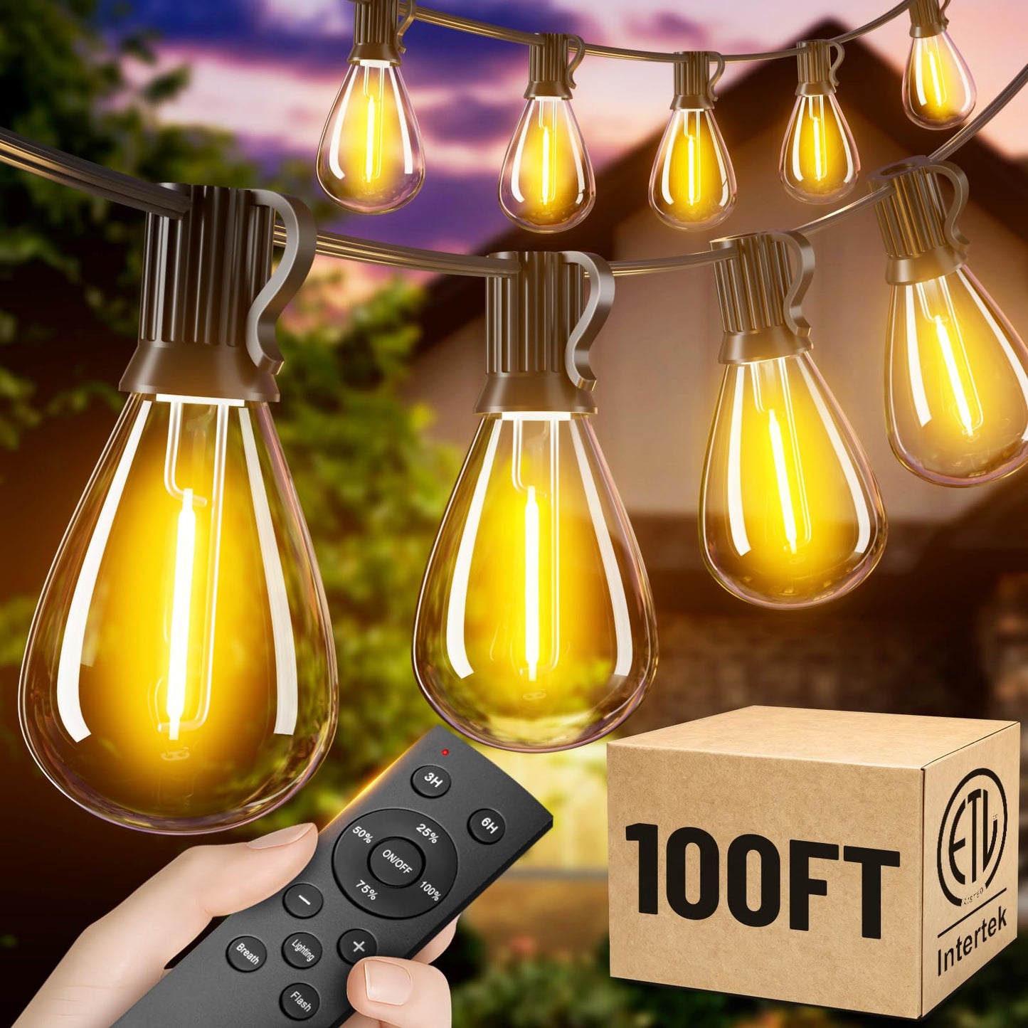 Amzrap 100FT Patio String Lights Outdoor, 35+1 LED Shatterproof Bulbs with Remote & Timer,2700K Dimmable Waterproof Hanging Decor for Backyard, Garden, Porch, Balcony, Wedding Party Lighting