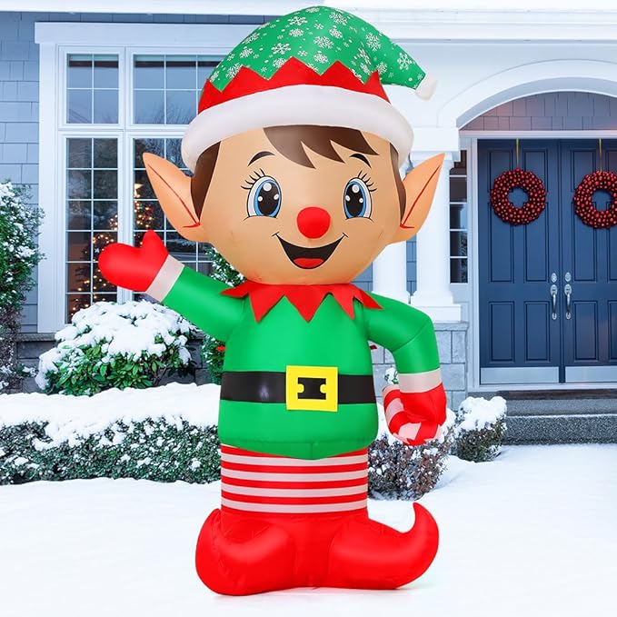 GOOSH 5.4 FT Christmas Elf Inflatable Decoration Blow Up Elf Outdoor Christmas Yard Decoration Inflatable Holiday Indoor Outdoor Party Garden Yard Decoration