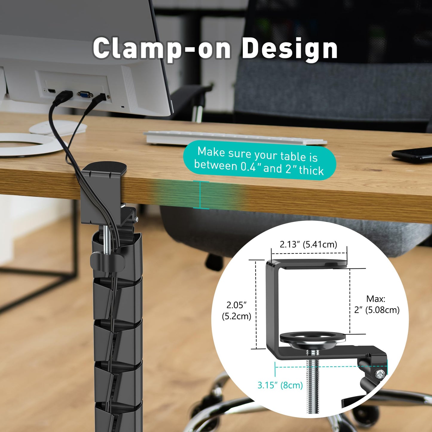 DeskLogics Clamp-On Cable Management Spine, No-Drill Vertebrae Wire Hider for Glass & Wood Standing Desks, Tool-Free Adjustable Desk-to-Floor Cord Organizer Snake with Non-Scratch Silicone Padding
