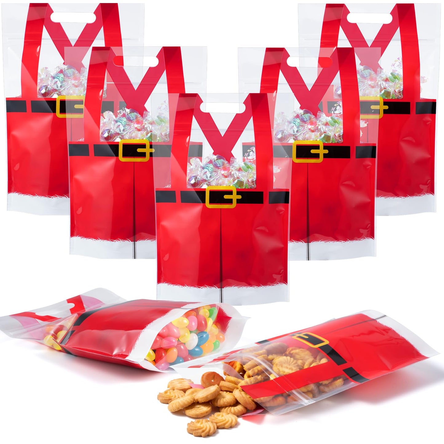 Shemilly 60pcs Christmas Treat Bags,Christmas Plastic Resealable Candy Gift Bag with Handle,Transparent Santa Pants Sealing Goodie Pouch for Xmas Winter Holiday Party Favors Decorations,9X6inch