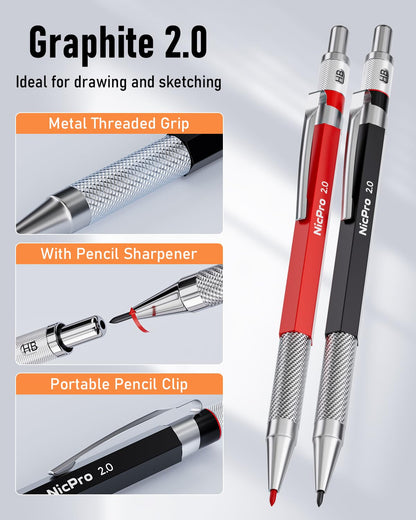 Nicpro 11 Pack Carpenter Pencil Set with Sharpener, Mechanical Carpenter Pencils with 40 Refill, Automatic Center Punch and Carbide Scribe Tool, Heavy Duty Construction Pencil for Architect-With Case