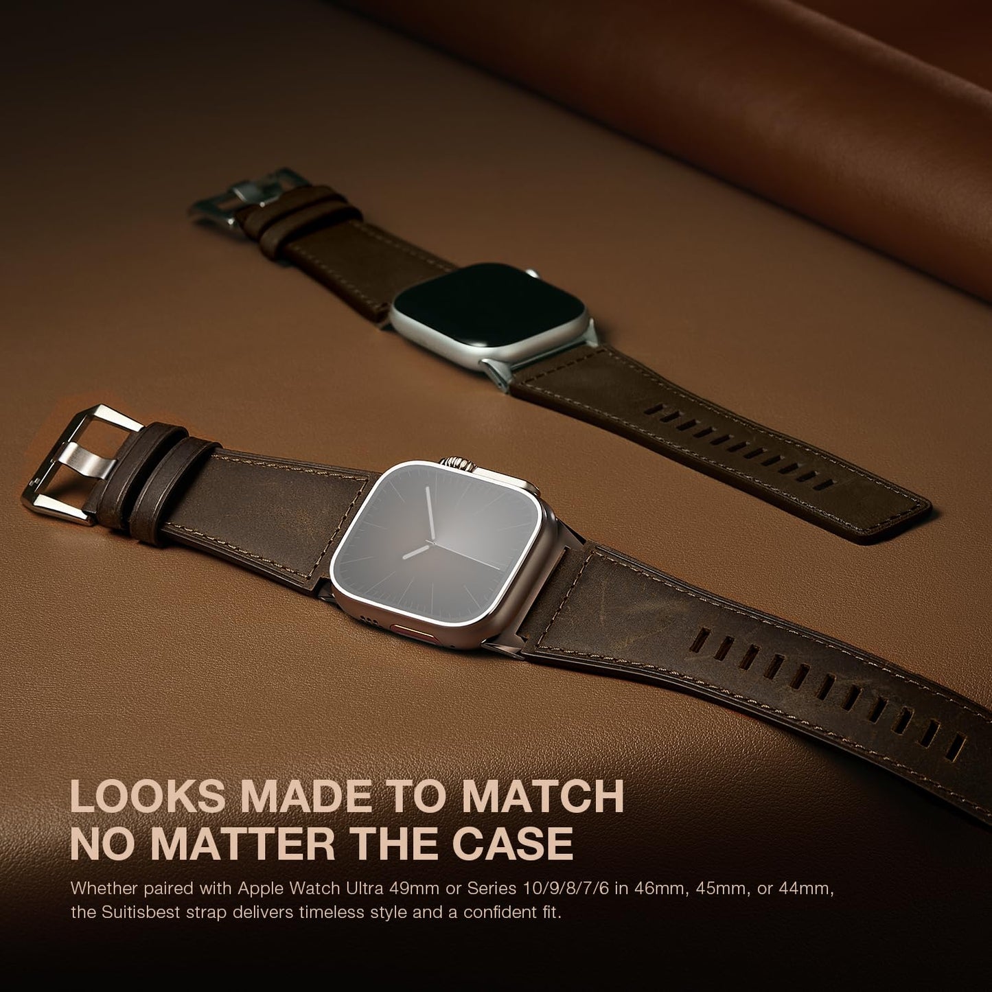 Suitisbest Leather Bands Compatible for Apple Watch Ultra Band 49mm 46mm 45mm 44mm 42mm, Genuine Calfskin Leather Replacement Strap Fits Men iWatch Series 11 10 9 8 7 6 5 4 3, SE 3 2 1, Ultra 3 2 1